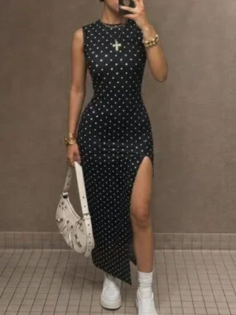 ZARA Black Casual Women's polka dot thigh slit Sexy maxi dress